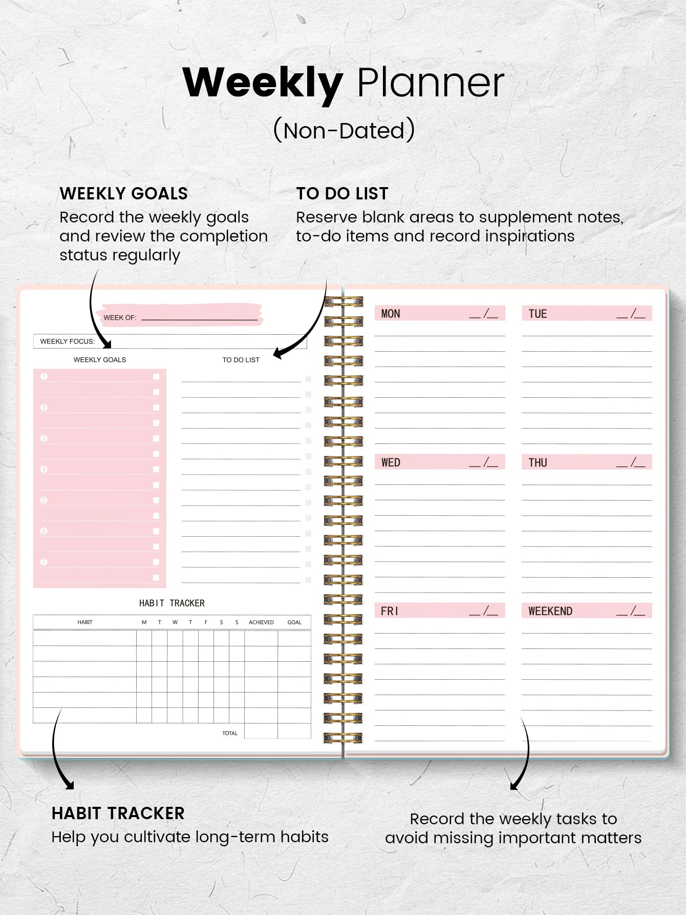Non-Dated A5 Weekly Planner Spiral Productivity Journal Notebook iCoolDown™