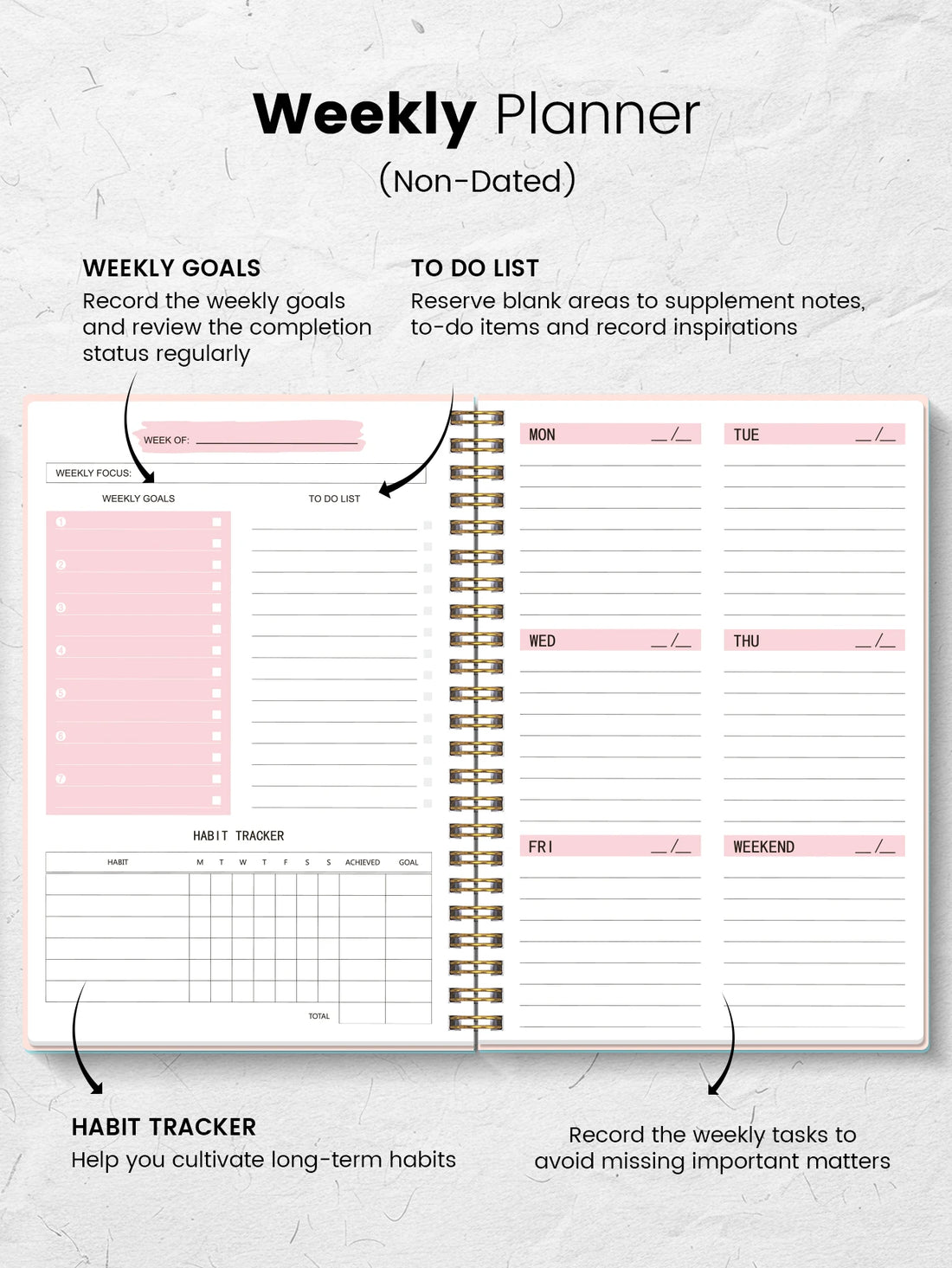 Non-Dated A5 Weekly Planner Spiral Productivity Journal Notebook iCoolDown™
