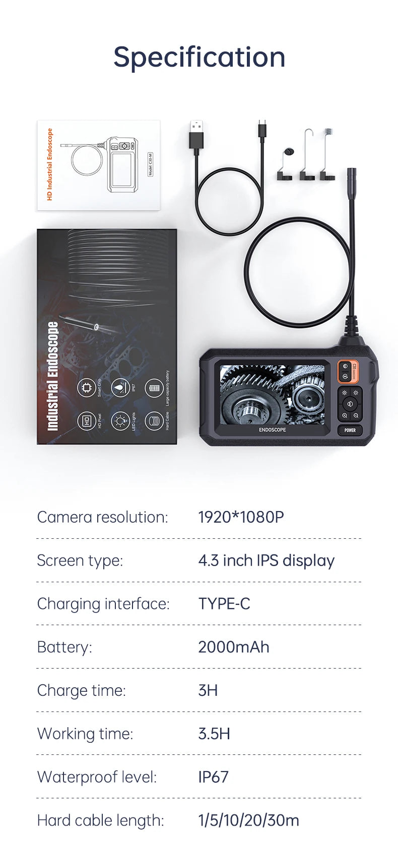 Industrial Endoscope Camera 8mm Lens IP67 Waterproof 8 LEDS - ICoolDown