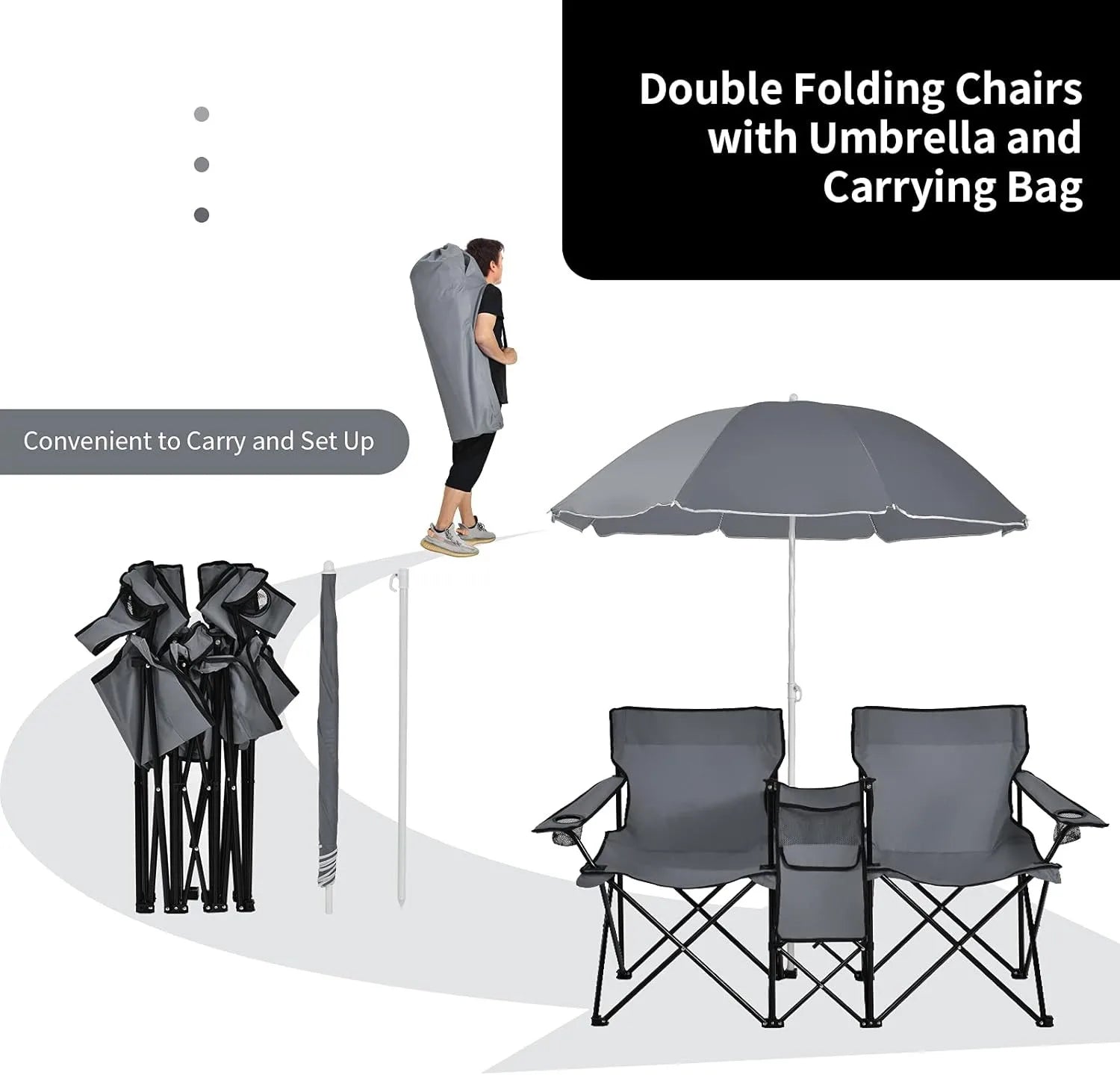 iCoolDown™ Portable Folding Picnic Double Chair with Umbrella - ICoolDown