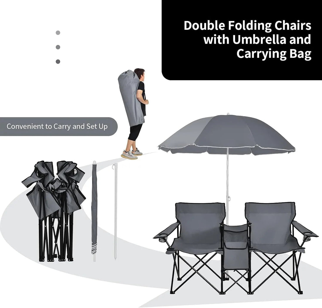 Portable Folding Picnic Double Chair with Umbrella - iCoolDown