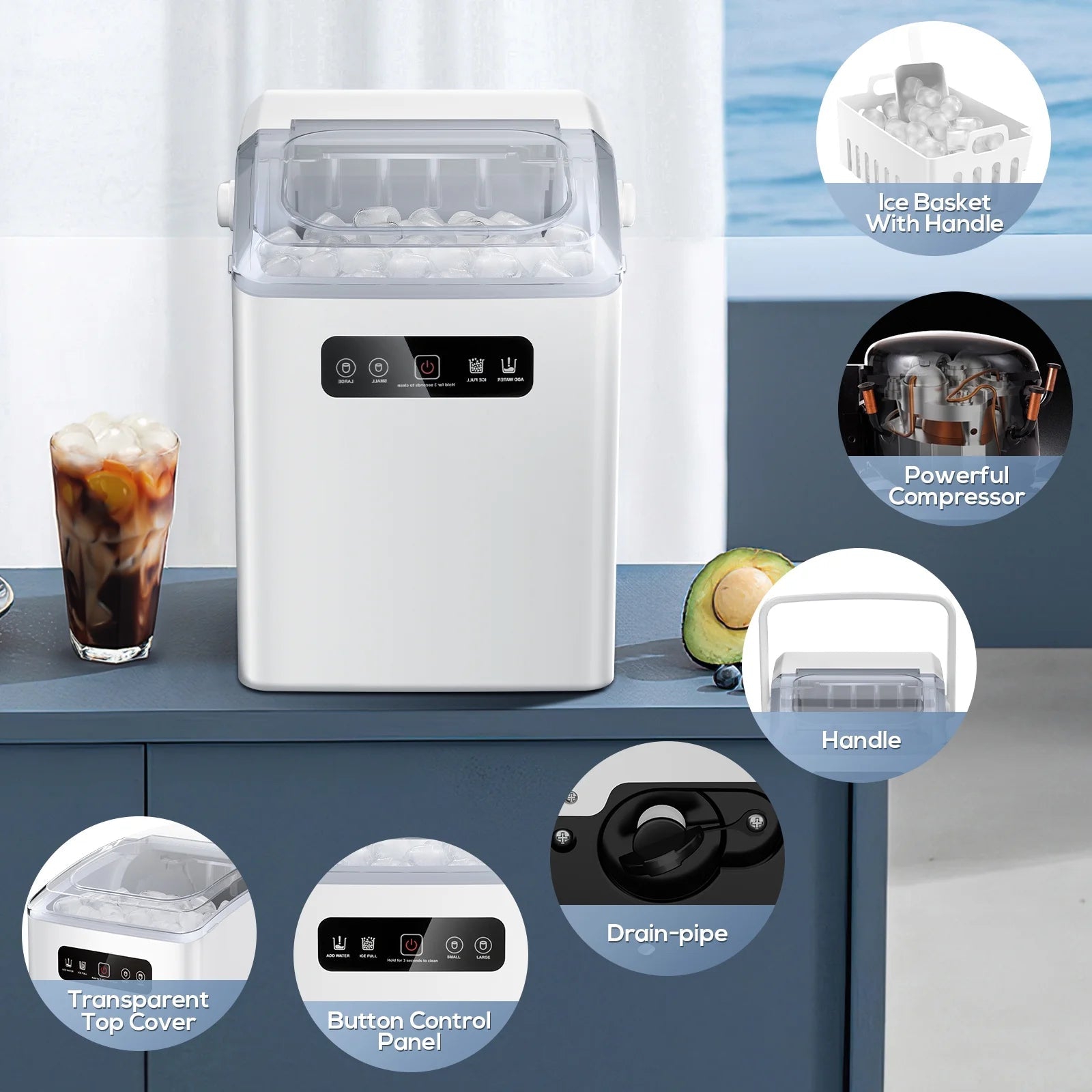 Self-Cleaning Portable Ice Maker Machine with Handle and Ice Scoop-White - ICoolDown